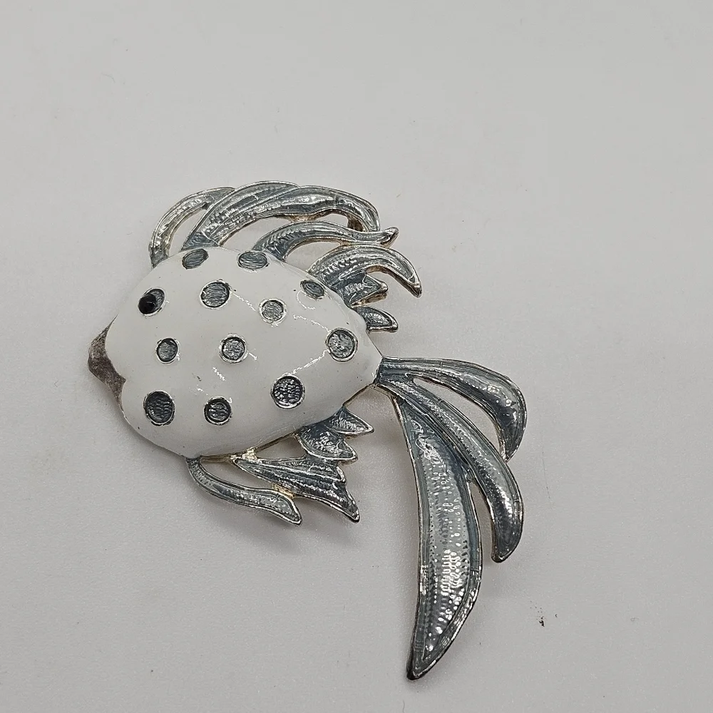 silver tone white fish pendant pin brooch signed MJ